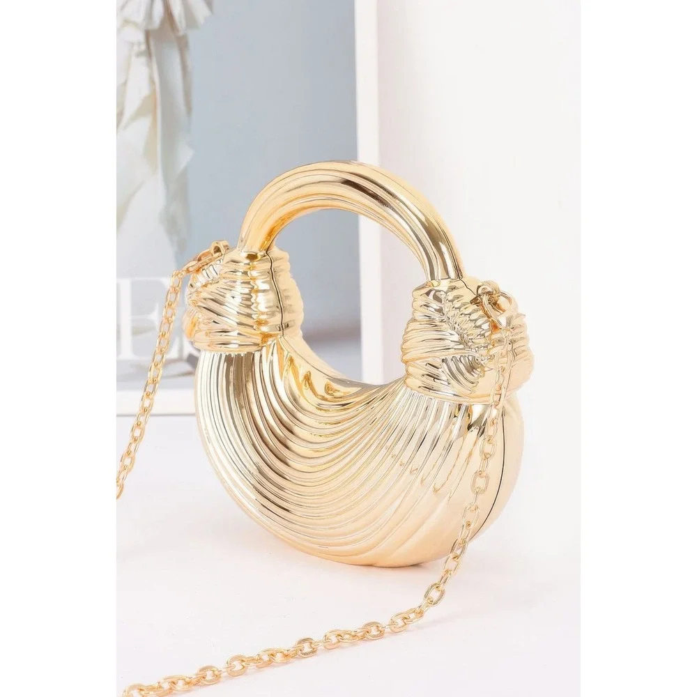 Hard Shell Mini Clutch Women Gold Ribbed Metallic Evening